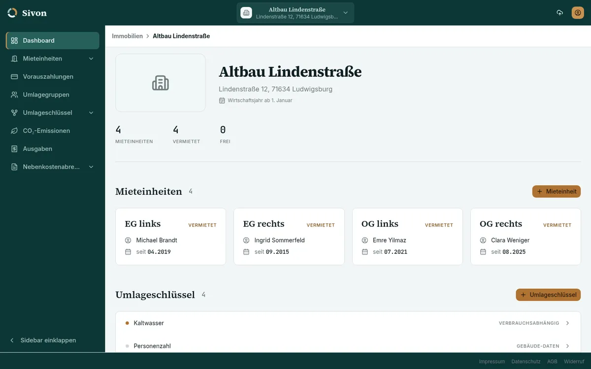 Sivon-Dashboard mit einer Immobilie, ihren Mieteinheiten und den erfassten Ausgaben.