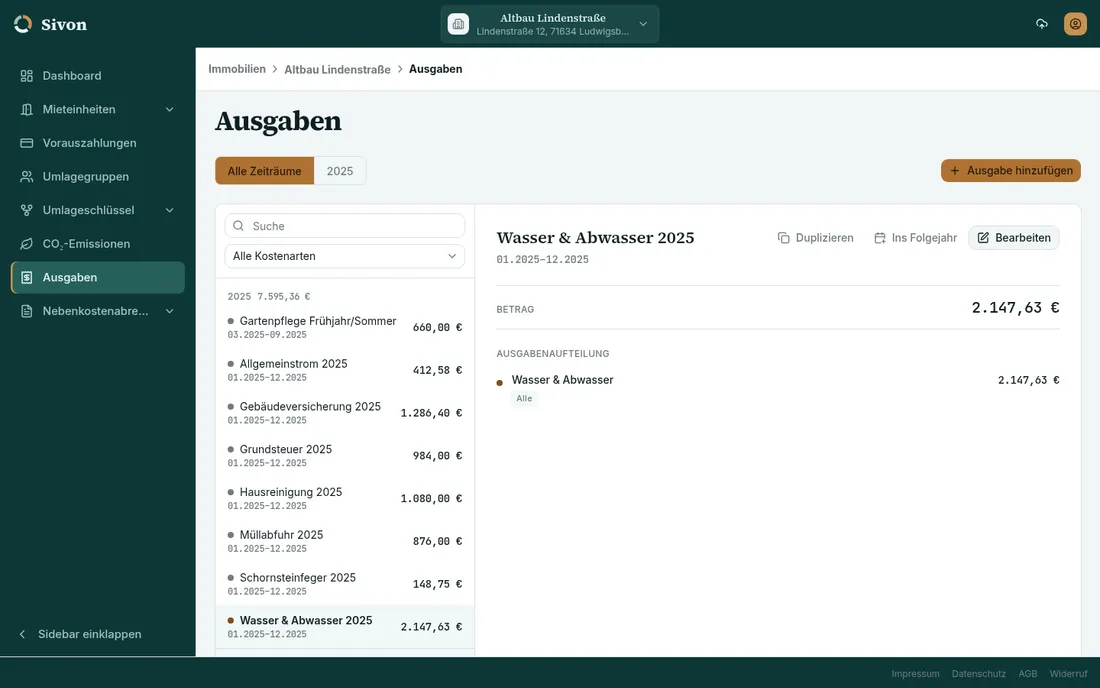 Die Ausgaben-Ansicht in Sivon: links die Liste der Positionen für 2025 wie Grundsteuer, Hausreinigung und Wasser & Abwasser mit der Jahressumme von 7.595,36 Euro, rechts die geöffnete Ausgabe Wasser & Abwasser mit 2.147,63 Euro und ihrer Aufteilung.